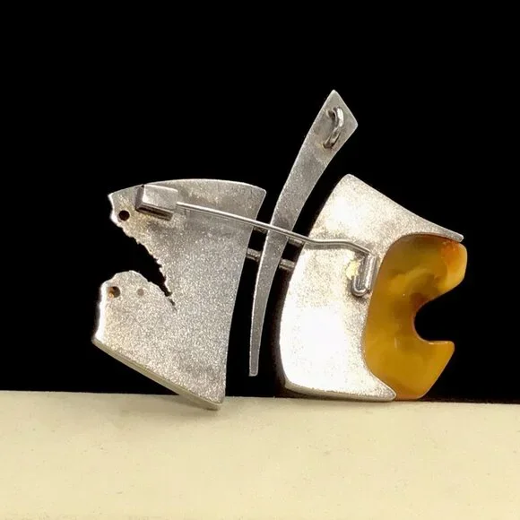 Sterling Silver Artisan Amber Art Deco Brooch/ Pendant Vintage 51 Grams 3”